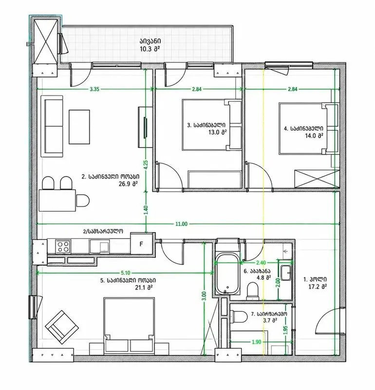 Квартира, 4-комн., 117 м², M² at Nutsubidze 2